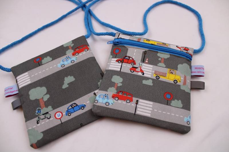 Kinder-Brustbeutel "Autobahn" Mit Reißverschluss Und Reflektorfähnchen; Brusttasche, Geldbörse, Geldbeutel von Maschenwichtel