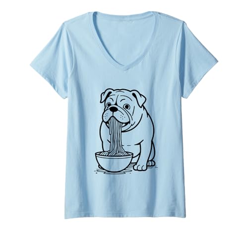 Damen Bulldog Slurping Ramen Nudeln Hund Essen Nudel Schüssel Maskottchen T-Shirt mit V-Ausschnitt Damen Bulldog Slurping Ramen Nudeln Hund Essen Nudel Schüssel Maskottchen T-Shirt mit V-Ausschnitt von Mascot Eating Ramen Tees
