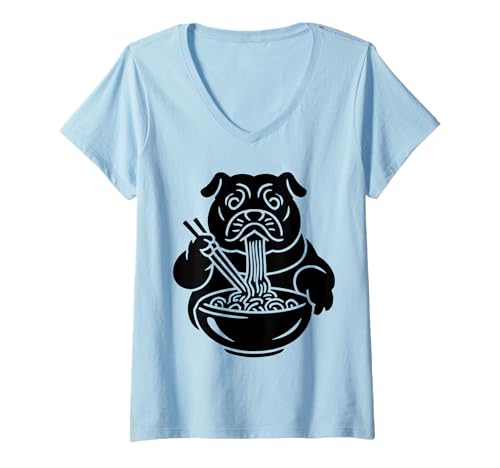 Damen Bulldog Slurping Ramen Nudeln Hund frisst Japanisches Maskottchen T-Shirt mit V-Ausschnitt Damen Bulldog Slurping Ramen Nudeln Hund frisst Japanisches Maskottchen T-Shirt mit V-Ausschnitt von Mascot Eating Ramen Tees
