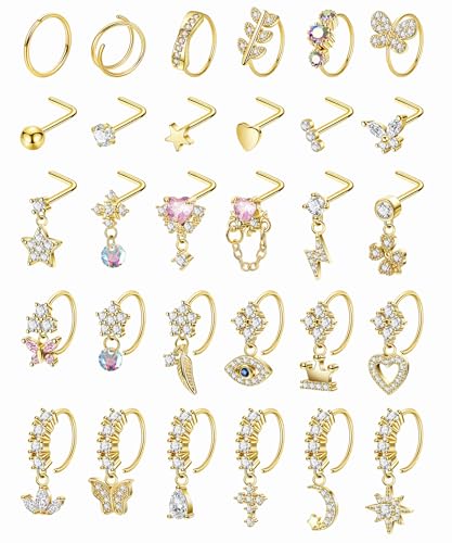 Masedy 30 Stück 20 g Gold baumelnde Nasenringe für Frauen L-förmige Nasenstecker baumelnder Nasenring 316L Edelstahl CZ Hypoallergen Indischer Nasenring Auge Herz Nasenloch Piercing Schmuck, Edelstahl Masedy 30 Stück 20 g Gold baumelnde Nasenringe für Frauen L-förmige Nasenstecker baumelnder Nasenring 316L Edelstahl CZ Hypoallergen Indischer Nasenring Auge Herz Nasenloch Piercing Schmuck, Edelstahl von Masedy