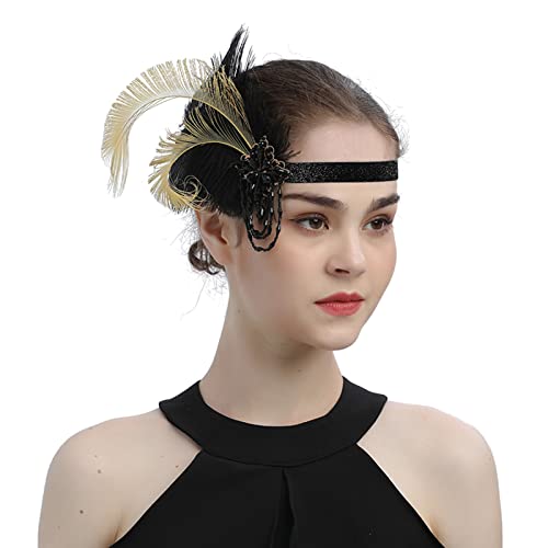 1920er Jahre Flapper Stirnband schwarze Feder Kopfschmuck Strass Haarband Cocktailkopf Zubehör für Damen Schweißbänder Neon (Black, One Size) von Mashaouyo