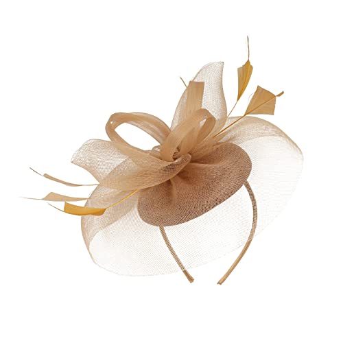 2023 Fascinator Hut Feder Mesh Tea Party Haarband für Frauen Stirnband Neon Gelb (Gold, One Size) von Mashaouyo