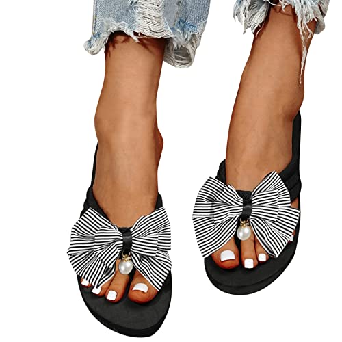 Damen-Sandalen Sommer Hausschuhe Zehentrenner mit Schleifen oder Blumen Flach rutschfest Plattform Pantoletten Strandsandaletten Fußkorrektur Sandale Römische Flip Flops Mode von Mashaouyo