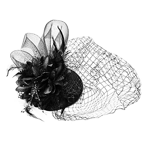 Fascinators für Frauen Tea Party Stirnband Hut Mesh Federn Haarspange für Hochzeit Cocktail und Kirche compatible with Motorrad Zubehör Damen (Black, One Size) von Mashaouyo