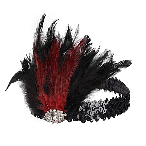 Flapper-Stirnband, schwarze Feder, Kopfschmuck, Strass-Haarband, Cocktailkopf-Accessoires für Damen Neon Outfit Damen (Red, One Size) von Mashaouyo