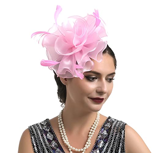 Hut für Frauen, Hochzeit, Cocktail, Mesh, Federn, Haarspange, Teeparty-Stirnband Jogging Stirnband (Pink, One Size) von Mashaouyo