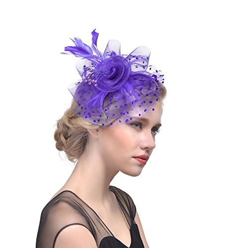 Hut für Frauen Tea Party Stirnband Hochzeit Cocktail Mesh Federn Haarspange Haarband Herren (Purple, One Size) von Mashaouyo