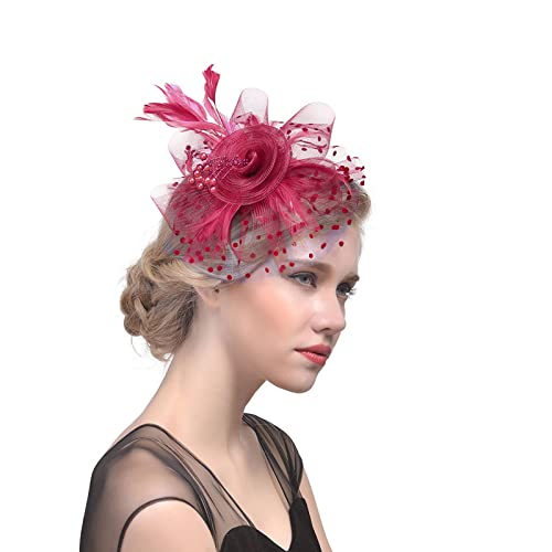 Hut für Frauen Tea Party Stirnband Hochzeit Cocktail Mesh Federn Haarspange Haarband Herren (Wine, One Size) von Mashaouyo