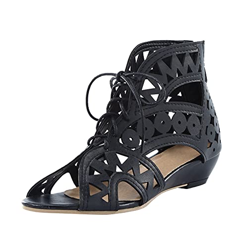 Mashaouyo Bohemian Römersandalen für Frauen, Elegant Aushöhlen Sommer Vintage Elegant Schnüren Schuhe Fischmaul offene Zehen Sandalen Flach rutschfest Low Heel Sandaletten Modische von Mashaouyo
