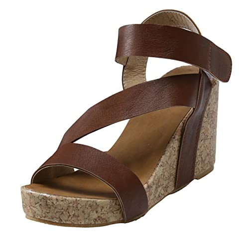 Mashaouyo Damen Keilabsatz Sandalen, Faux Leder Gekreuzten Riemchen Slide Sandalen mit verstellbarem Riemen, Leopardenmuster/Einfarbig rutschfest Open Toe Dicke Sohlen Klettverschluss High Heel Mode von Mashaouyo