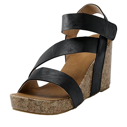 Mashaouyo Damen Keilabsatz Sandalen, Faux Leder Gekreuzten Riemchen Slide Sandalen mit verstellbarem Riemen, Leopardenmuster/Einfarbig rutschfest Open Toe Dicke Sohlen Klettverschluss High Heel Mode von Mashaouyo