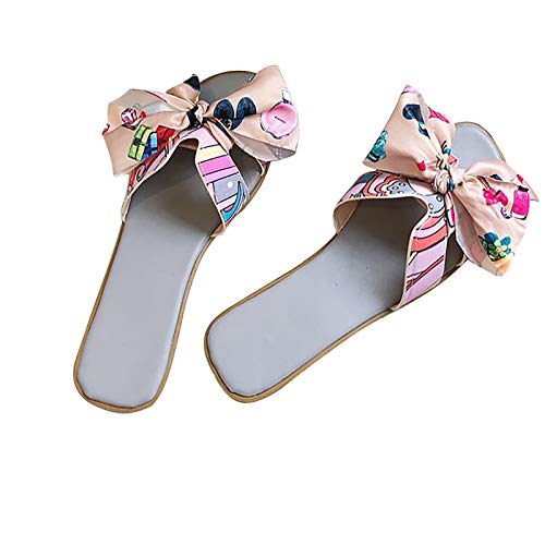 Mashaouyo Damen Sandalen, Bohemian Römersandalen Sommer Hausschuhe, Bunte druck Schleifen offene Zehen Sandalen, Leder-Laufsohle Flache Plateausohle Slippers Strandsandaletten Mode von Mashaouyo