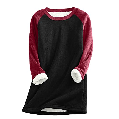 Mashaouyo Damen warme Top Bluse Dickes Fleece farblich passendes weiches Sweatshirt warmes langärmliges Unterwäsche Top Netto Online Shop (Red, L) von Mashaouyo