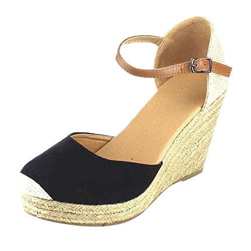 Mashaouyo Sandalen Damen Sommer, Leinen Strick Keilabsatz Sandalen, Vintage Hohl Runde Zehe Geschlossene Zehe Knöchelriemen Riemchensandalen mit verstellbarem Riemen Elegante Dicke Sohlen Mode von Mashaouyo