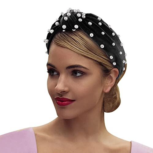 Mittleres Haar, Samt, Perlen-Stirnband, geknotetes Nagel-Stirnband, Retro-Knoten-Accessoire-Stirnband Warme Stirnbänder Damen (Black, One Size) von Mashaouyo