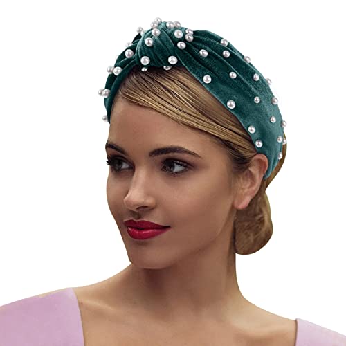 Mittleres Haar, Samt, Perlen-Stirnband, geknotetes Nagel-Stirnband, Retro-Knoten-Accessoire-Stirnband Warme Stirnbänder Damen (Green, One Size) von Mashaouyo