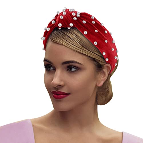 Mittleres Haar, Samt, Perlen-Stirnband, geknotetes Nagel-Stirnband, Retro-Knoten-Accessoire-Stirnband Warme Stirnbänder Damen (Red, One Size) von Mashaouyo