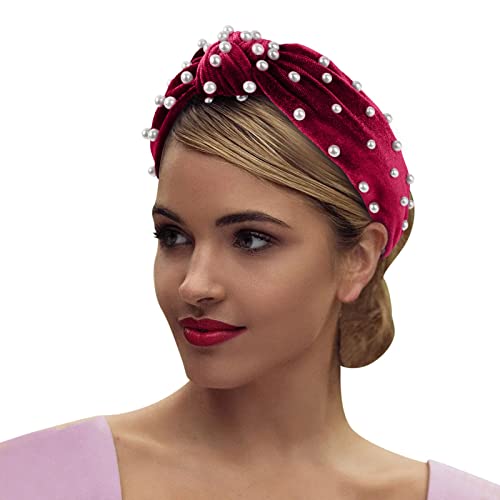 Mittleres Haar, Samt, Perlen-Stirnband, geknotetes Nagel-Stirnband, Retro-Knoten-Accessoire-Stirnband Warme Stirnbänder Damen (Wine, One Size) von Mashaouyo