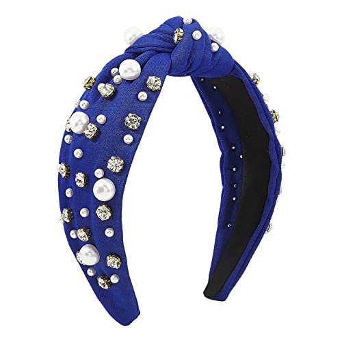 Modische Stirnbänder für Frauen Mädchen Stirnbänder Vintage Stirnband breiter Knoten Perlen Haarreifen für lässige Hochzeit Stirnband Winddicht (Blue, One Size) von Mashaouyo