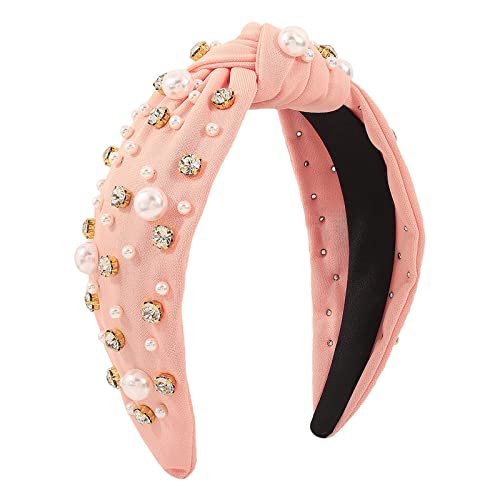 Modische Stirnbänder für Frauen Mädchen Stirnbänder Vintage Stirnband breiter Knoten Perlen Haarreifen für lässige Hochzeit Stirnband Winddicht (Pink, One Size) von Mashaouyo