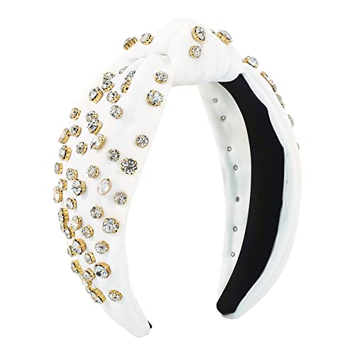 Modische Stirnbänder für Frauen Mädchen Stirnbänder Vintage Stirnband breiter Knoten Strass Haarreifen für lässige Hochzeit Stirnbänder Set (White, One Size) von Mashaouyo