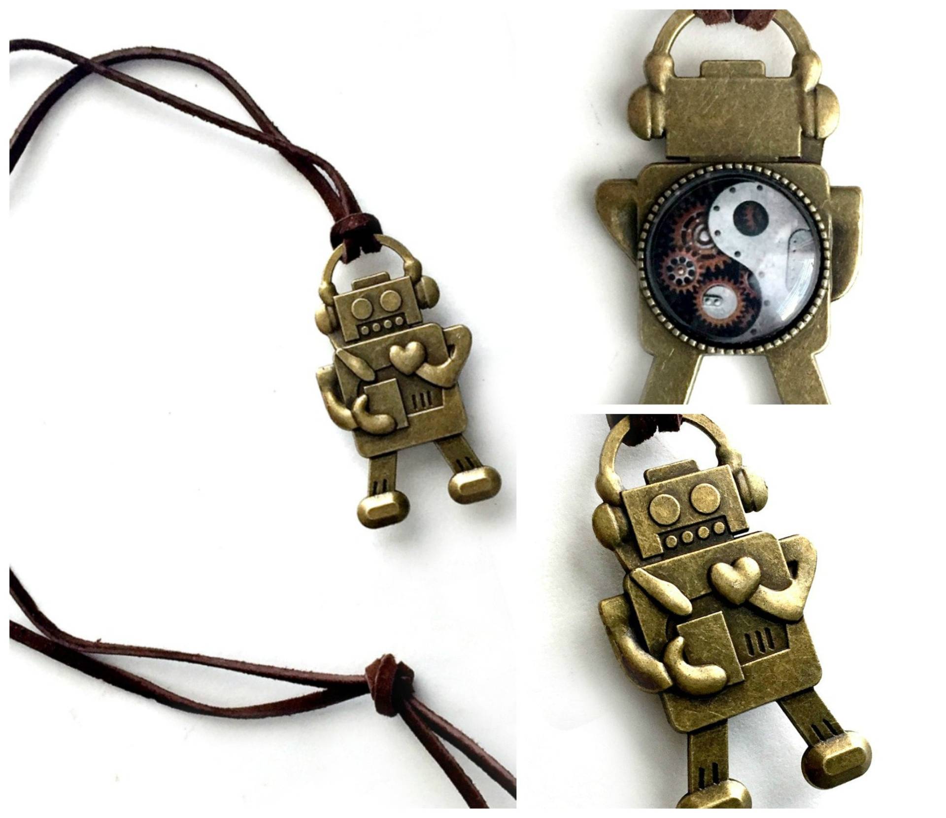 Reversible Roboter Anhänger, Bronze Mit Lederband, Yin Yang Anhänger Halskette, Steampunk Am Lederumreifband Reversible Roboter Anhänger, Bronze Mit Lederband, Yin Yang Anhänger Halskette, Steampunk Am Lederumreifband von MashedPotatoMosaics