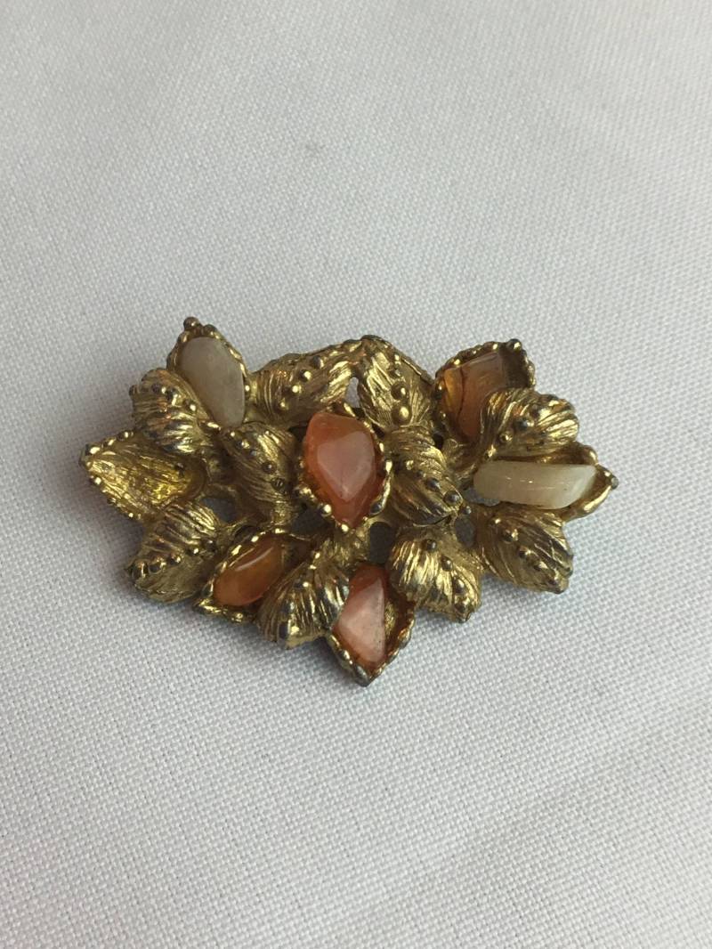 Vintage Gold-Ton-Citrin Rosenquarz Blatt Brosche von MashliDesign