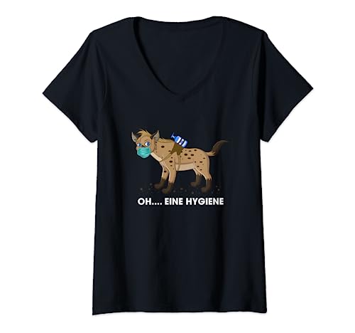 Hyena Hygiene Mundschutz Maske Hygienisch Wort Witz T-Shirt mit V-Ausschnitt von Maske Hygiene Desinfektion Wortwitz Geschenke