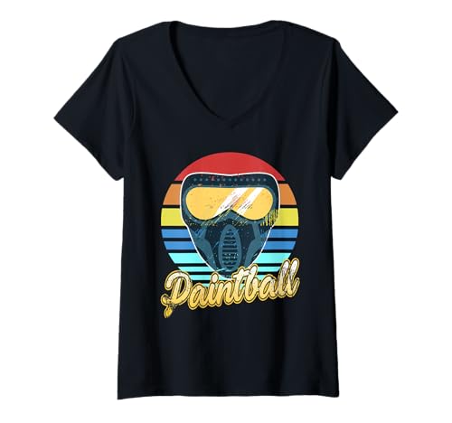 Damen Retro Paintball-Maske Extremspiel Spaßig T-Shirt mit V-Ausschnitt Damen Retro Paintball-Maske Extremspiel Spaßig T-Shirt mit V-Ausschnitt von Maskenliebhaber für Taktikspiele
