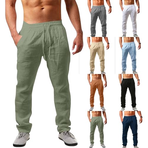 Leinenhose Herren Lang , Baggy Sporthose Dünne Jogginghose Gerade Chino Hose Atmungsaktive Laufhose Leicht Sommerhose Mit Kordelzug Und Taschen Einfarbig Freizeithose Elastische Taille Strandhose von Maskjuwio