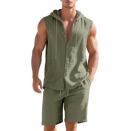 Maskjuwio 2 Teiler Herren Sommer, Ärmellos Trainingsanzug Jogginganzug Mit Kapuze Kurze Sportanzug Button Down Leinenanzug Baggy Sommeranzug Mit Tasche Und Kordelzug Atmungsaktive Freizeitanzug von Maskjuwio