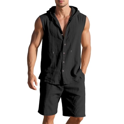 Maskjuwio 2 Teiler Herren Sommer, Ärmellos Trainingsanzug Jogginganzug Mit Kapuze Kurze Sportanzug Button Down Leinenanzug Baggy Sommeranzug Mit Tasche Und Kordelzug Atmungsaktive Freizeitanzug von Maskjuwio