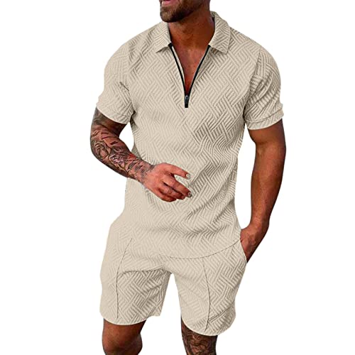 Maskjuwio 2 Teiliges Sport Set Herren Kurz Trainingsanzug Zweiteiler Mit Taschen Und Reißverschluss Baggy Poloshirt + Shorts Set Kurzarm Jogginganzug Revers Sportanzug Freizeit Tracksuit Gr.M-3XL von Maskjuwio