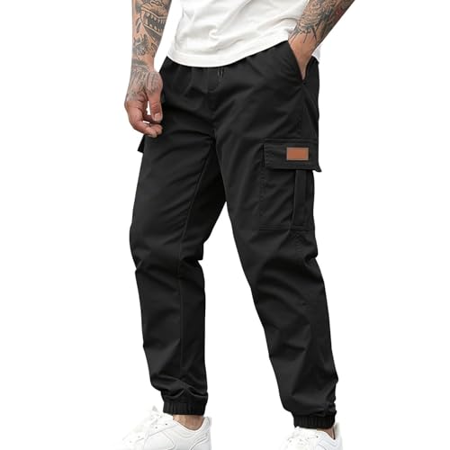 Maskjuwio Cargohose Herren Schwarz Baggy Arbeitshosen Leicht Jogginghose Cargo Sporthose Stretch Wanderhose Trainingshose Mit Kordelzug Und Taschen Elastische Taille Trekkinghose Einfarbig Strandhose von Maskjuwio