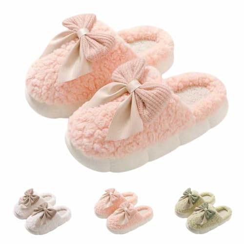 Maskjuwio Filzpantoffeln Damen Gummisohle Hausschuhe Damen Winter Plüsch Pantoffeln Mit Schleifen Memory Foam Schlappen rutschfeste Hausschlappen Warme Gefüttert Slipper Für Den Innenbereich von Maskjuwio