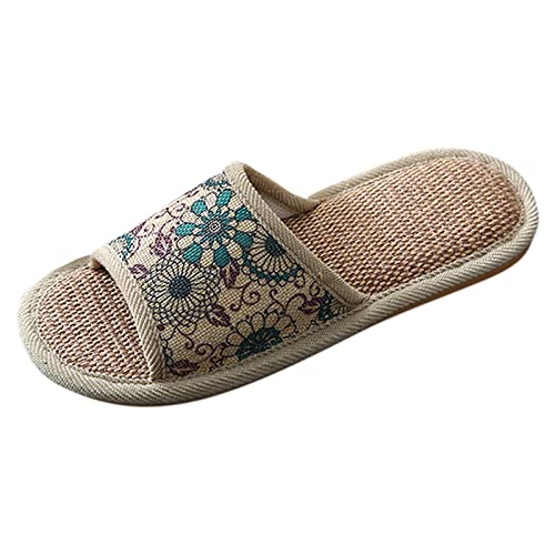 Maskjuwio Hausschuhe Damen Pantoletten Leinen Slippers Offener Zehen Pantoffeln rutschfeste Leichte Hausschlappen Weichen Sohlen Hausschuhe House Bequem Schlappen Liebespaar Unisex Slipper von Maskjuwio