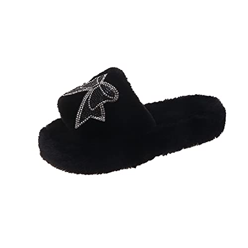 Maskjuwio Hausschuhe Damen Plüsch Beige, Offener Zehen Slippers Pantoffeln Mit Schleifen Hausschlappen Mit Glizter Strass Plüsch Warme Hausschuhe Flauschig House Slippers Memory Foam Pantoffeln von Maskjuwio