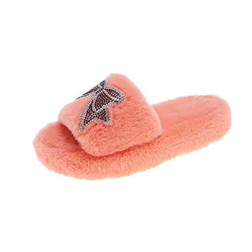 Maskjuwio Hausschuhe Damen Plüsch Beige, Offener Zehen Slippers Pantoffeln Mit Schleifen Hausschlappen Mit Glizter Strass Plüsch Warme Hausschuhe Flauschig House Slippers Memory Foam Pantoffeln von Maskjuwio