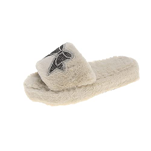 Maskjuwio Hausschuhe Damen Plüsch Beige, Offener Zehen Slippers Pantoffeln Mit Schleifen Hausschlappen Mit Glizter Strass Plüsch Warme Hausschuhe Flauschig House Slippers Memory Foam Pantoffeln von Maskjuwio