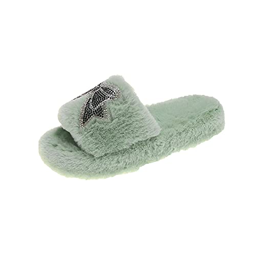 Maskjuwio Hausschuhe Damen Plüsch Beige, Offener Zehen Slippers Pantoffeln Mit Schleifen Hausschlappen Mit Glizter Strass Plüsch Warme Hausschuhe Flauschig House Slippers Memory Foam Pantoffeln von Maskjuwio