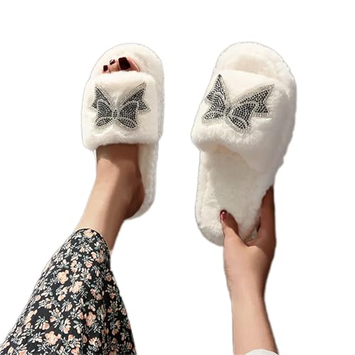 Maskjuwio Hausschuhe Damen Plüsch Beige, Offener Zehen Slippers Pantoffeln Mit Schleifen Hausschlappen Mit Glizter Strass Plüsch Warme Hausschuhe Flauschig House Slippers Memory Foam Pantoffeln von Maskjuwio
