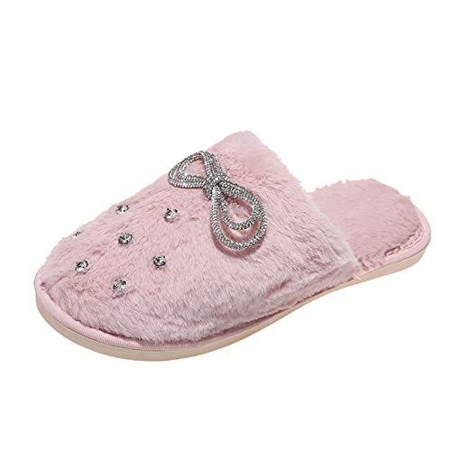 Maskjuwio Hausschuhe Damen Plüsch Grau, Plüsch Slippers Flauschig Warme Hausschlappen Slippers Mit Schleifen Und Glizter Strass Geschlossen Hausschuhe Warme Gefüttert Leichte Hausschlappen von Maskjuwio