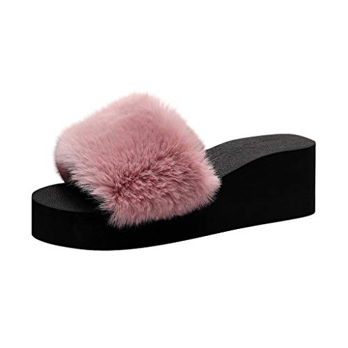 Maskjuwio Hausschuhe Damen Plüsch Keil Hausschlappen Offener Zehen Slipper Plateau Pantoffeln Flauschige Slippers Weichen Sohlen Hausschuhe Slide Hausschlappen Weich Slipper Bequem Pantoffeln von Maskjuwio