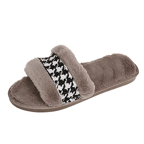 Maskjuwio Hausschuhe Damen Warm Plüsch Pantoffeln Warme Slippers Offener Zehen Hausschuhe Karierten Hausschlappen Leichte Pantoffeln Bequem Hausschlappen Memory Foam Slippers Fuzzy Schlappen von Maskjuwio