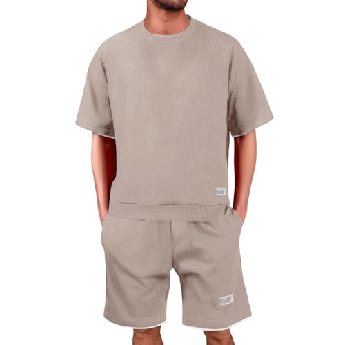 T Shirt Herren Weiß 2-Teiliges Jogginganzug Zweiteiler Trainingsanzug Waffel Sportanzug Tshirt Und Shorts Set Rundhals Outfit Kurzarm Tracksuit Atmungsaktive Activewear Lockeres Sommeranzug von Maskjuwio