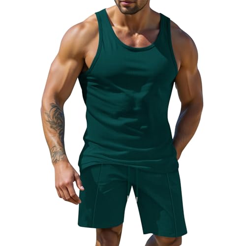 Muskelshirt Herren Sommer 2-Teiliges Set Tank Top Und Shorts Set Ärmellos Trainingsanzug Einfarbig Fitnessanzug Unterhemden Stretch Activewear Rundhals T-Shirt Atmungsaktive Sommeranzug von Maskjuwio