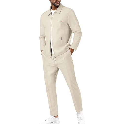 Trainingsanzug Langarm Herren, Zweiteiler Jogginganzug Jacke Und Hosen Set Mit Reissverschluss Waffel Tracksuit Mit Kordelzug Und Tasche Revers Sportanzug Einfarbig Freizeitanzug Größen S-Xxl von Maskjuwio