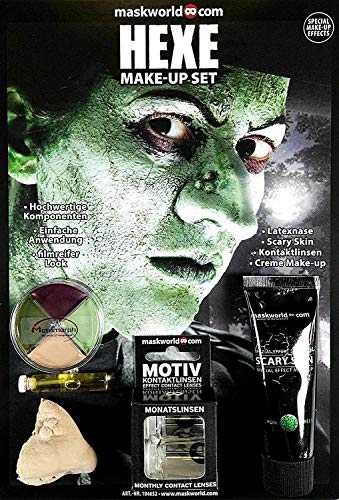 Hochwertiges Halloween Schminke Komplett-Set HEXE mit perfekt abgestimmten Komponenten - Make-Up - Hexennase - Scary Skin - Kontaktlinsen von Maskworld