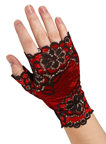 Maskworld Fingerlose Spitzenhandschuhe - rot-schwarz - Verkleidung Kostüm-Accessoire für Karneval, Halloween & Motto-Party von Maskworld