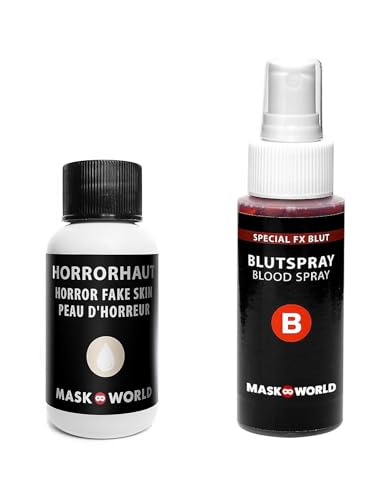 Zombie Halloween Make-Up Set mit Horrorhaut und Blut-Spray von Maskworld